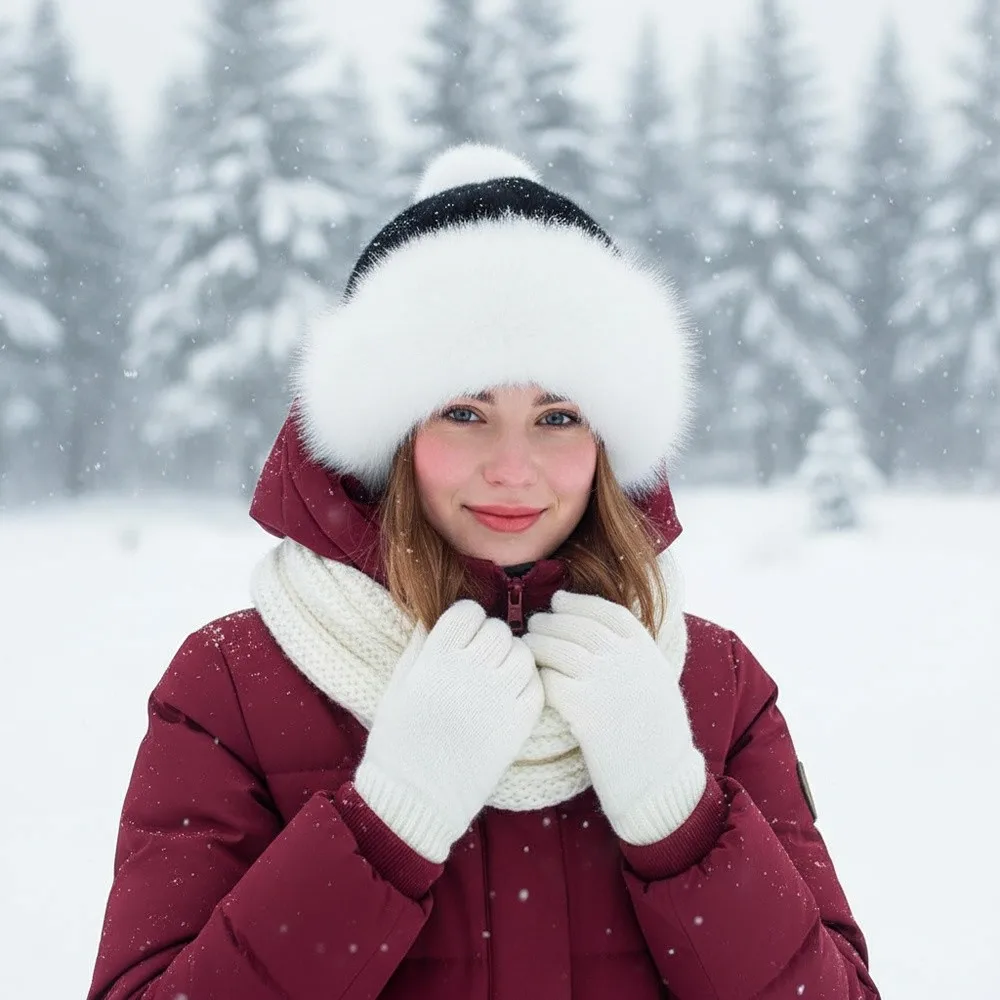 قبعة شتوية من الفرو المنفوش، قبعة بنما حمراء سميكة، قبعات باردة مقاومة للرياح للنساء والفتيات #3