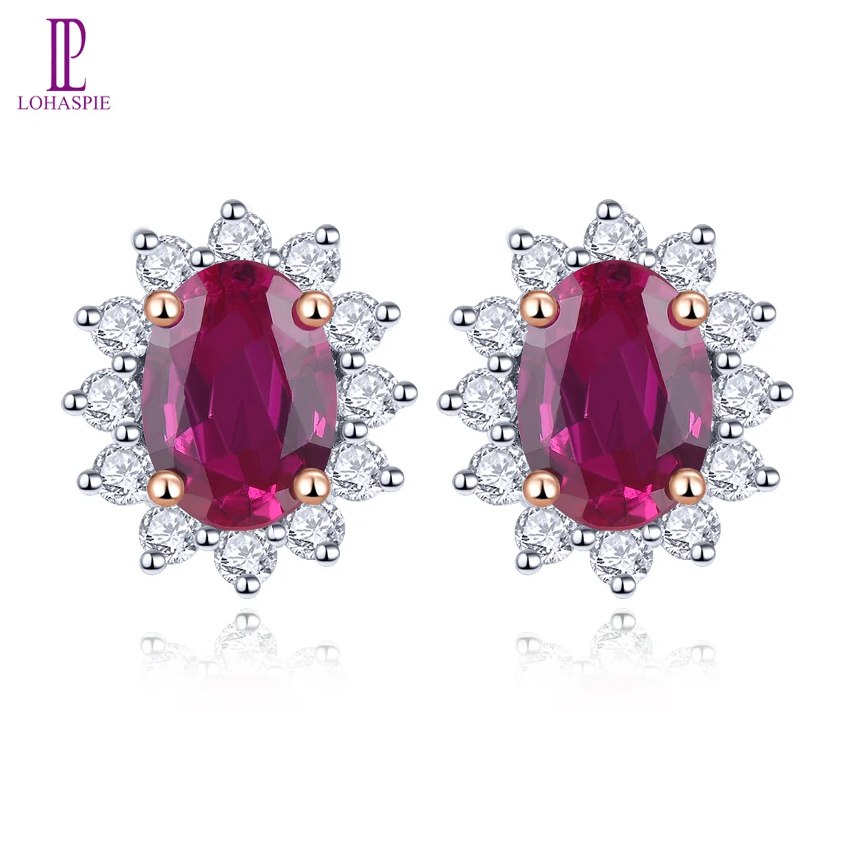 

LP Natural No Heated Ruby & Diamonds Stud Earring 14 K Rose Real Gold Earrings Sunflower Shape Fine Jewelry for New Year's Gift