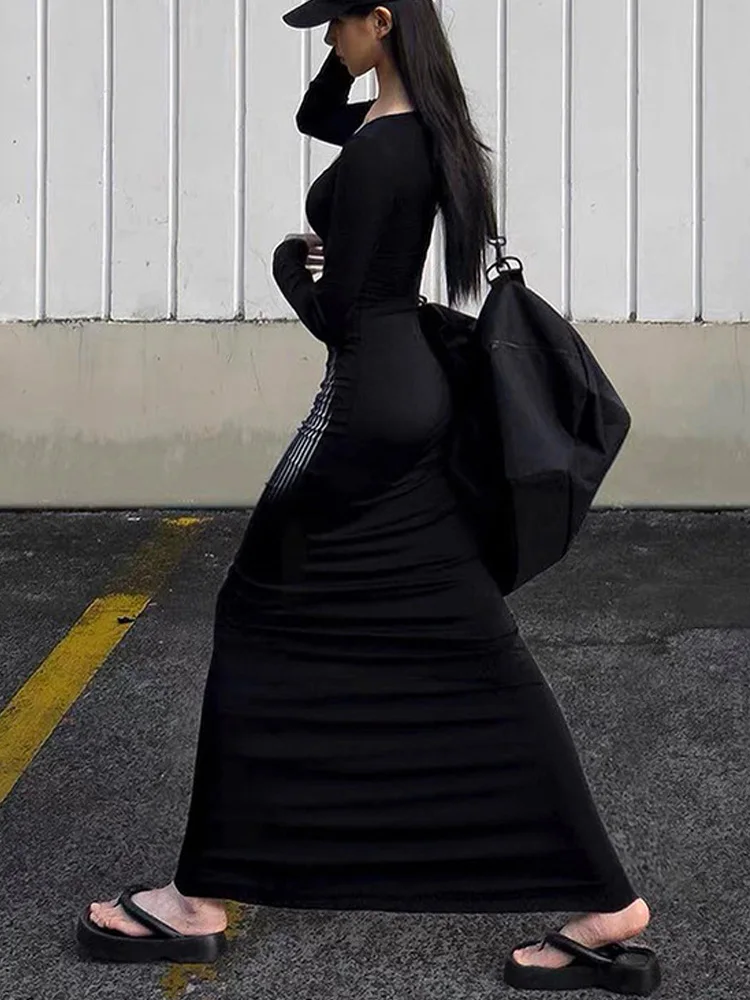 Printemps automne mince Chic robe à manches longues pour les femmes mode Chic col carré rayé longue robe taille élastique robe moulante