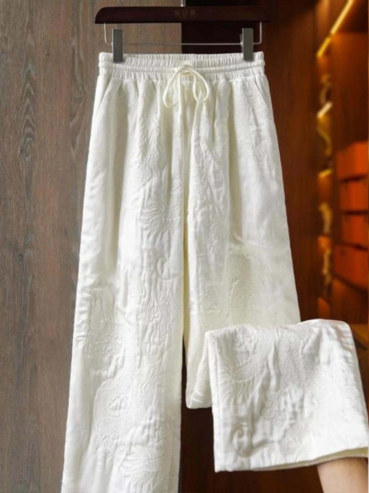 Thiened pantalones de algodón de pierna recta de cintura alta para mujer Otoño Invierno Faion chino Sle Vintage pantalones de pierna ancha bordados