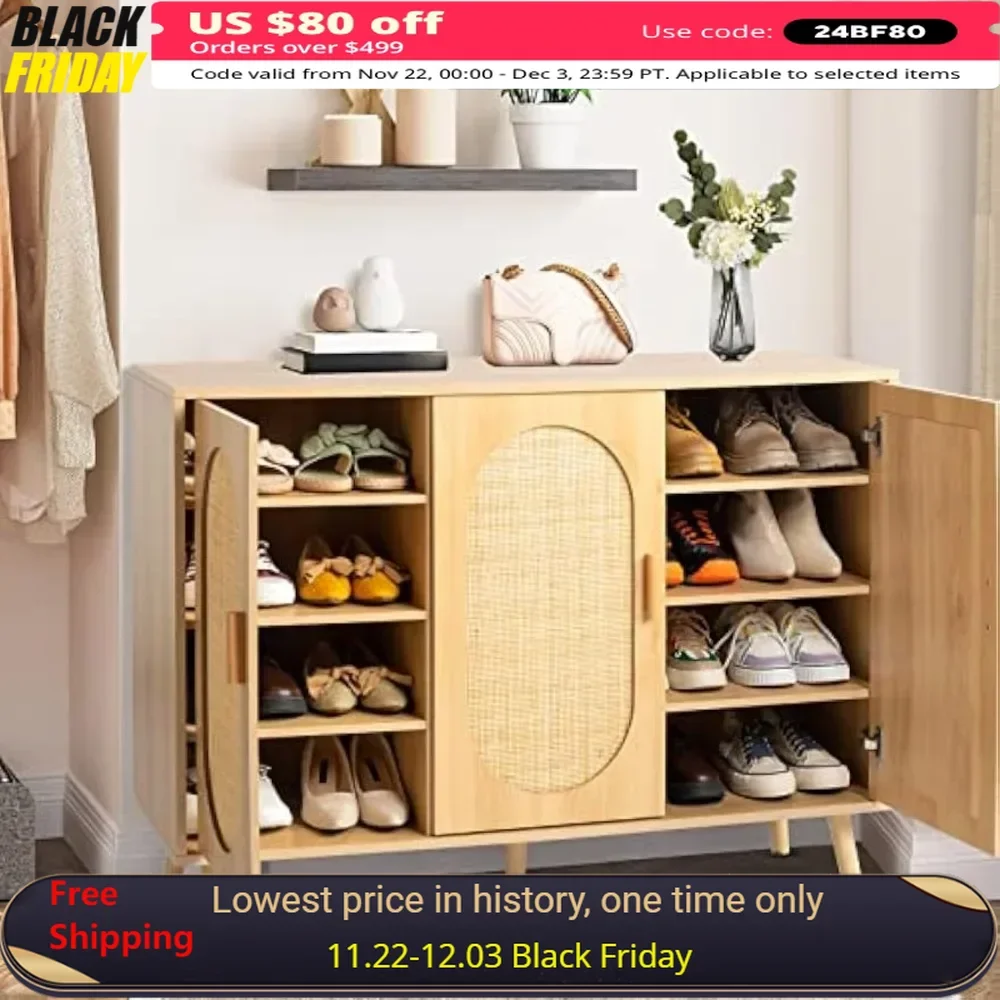 Rattan Shoe Cabinet for Entryway with Adjustable Shelf,Freestanding Shoe Rack Cabinet Storage Organizer,Shoe Storage Cabinet