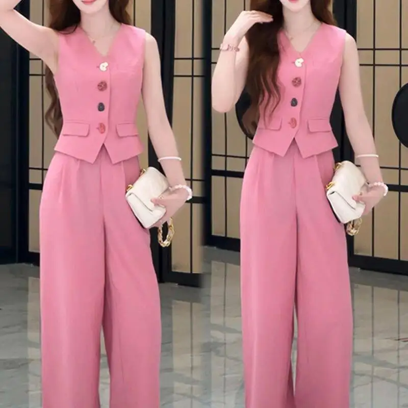 

Age Reducing Casual Women's Set Summer New Slim Fit Tank Top Solid Color Wide Leg Pants Two-piece Set
