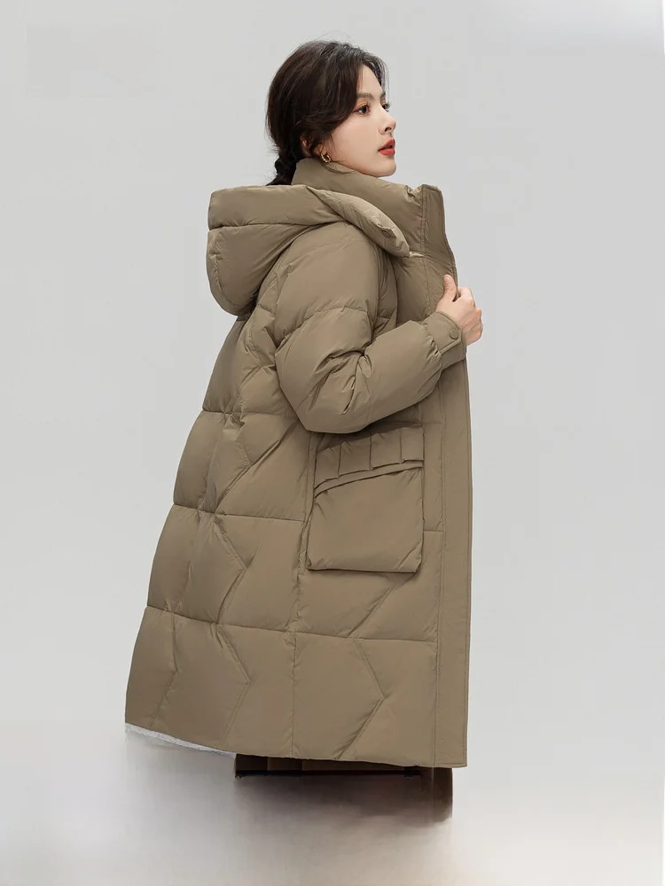 

Новая женская удлиненная пуховая куртка с капюшоном для осени и зимы, устойчивая к холоду, повседневная, элегантная, средней длины, для женщин и мам.