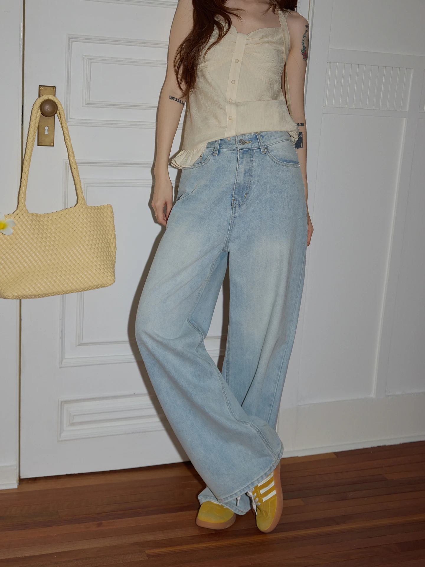 

Blue Casual Denim Jeans Women's High Waist Cotton Straight Leg Drapey Loose Wide Leg Floor Length Pants Summer 2026