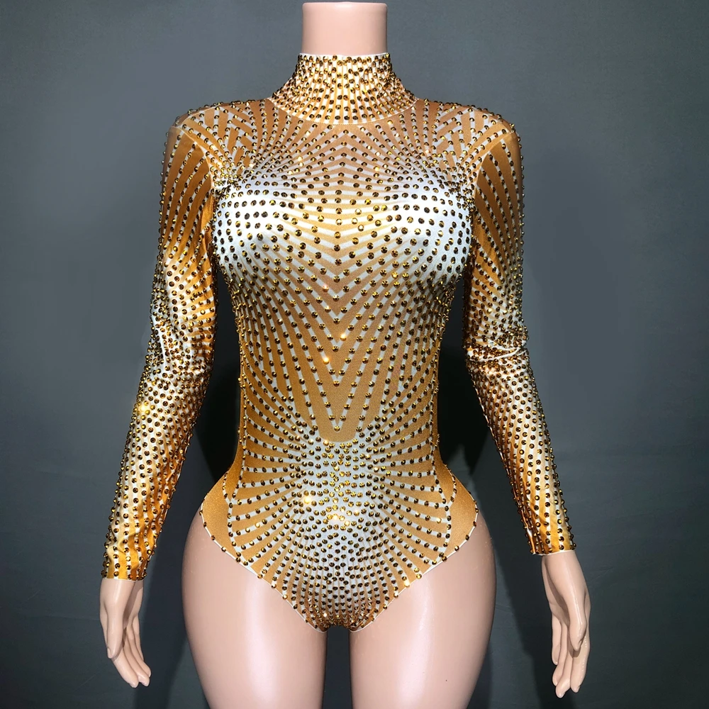 

Sparkly Gold Rhinestones Jazz Dance Costume for Women Nightclub Outfit Singer Dancer Bodysuit Stage Wear Performance Costume