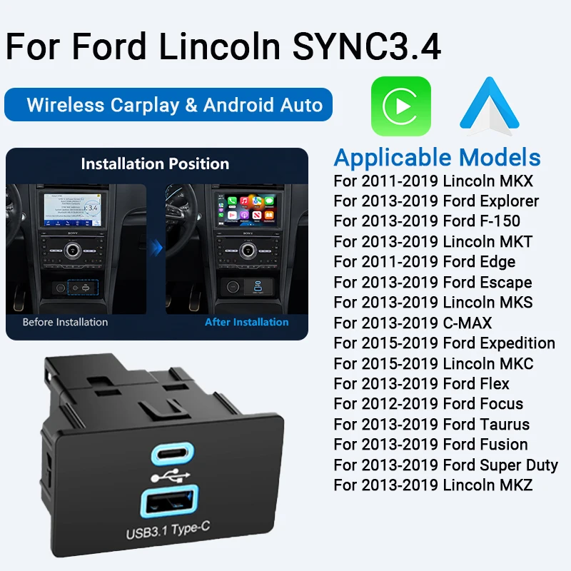 XUDA 2026 New For Ford&Lincoln OEM Carplay USB Hub Module Upgrade for Sync 3 Models HC3Z-19A387--B/D/E/F/G