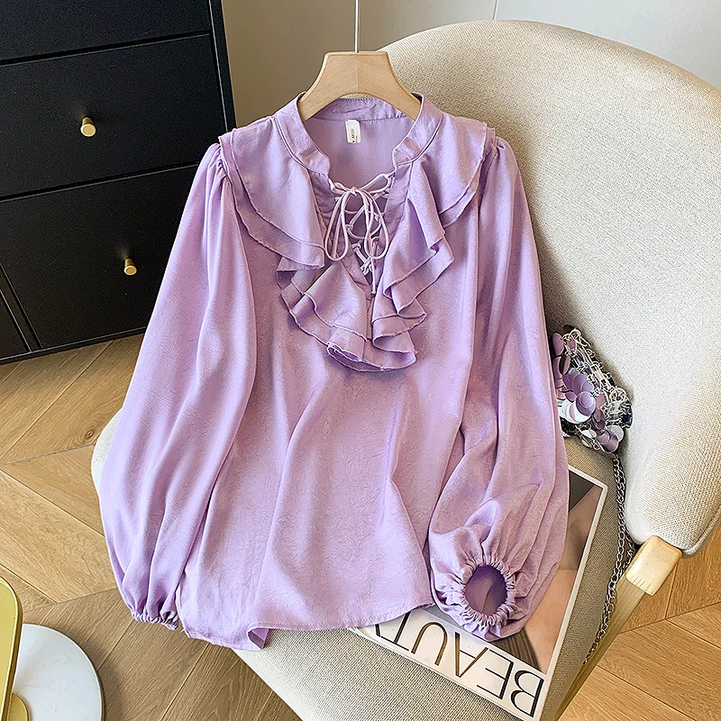 

Vintage Women's Blouses V-neck Casual Shirts Fashion Loose Spring/autumn Clothing Long Sleeved Ruffle Solid Color Women Tops