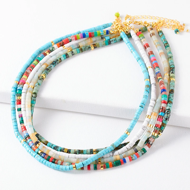 Heishi Style Boho Natural Turquoise Gemstone Beaded Choker Necklace for Women Girls Summer Must-have Jewelry Beach Necklace