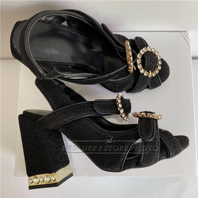 Round Crystal Buckle Gladiator Sandals Women Sexy Peep Toe Rhinestone High Heel Luxury Velvet Chic Summer Shoes Woman