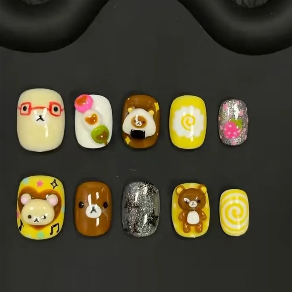 Niedliche Retro Japanische Rilakkuma Rosa Kaninchen Mandel Künstliche Nägel 3D Schleife Stern Katzenpfote Erdbeere Aufklebenägel Handaccessoires – Detail 23