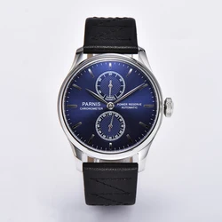 Fashion Parnis 43mm Blue Dial Automatic Mechanical Men's Watch Black Leather Strap Men Luxury Watches reloj hombre 2024 Clock