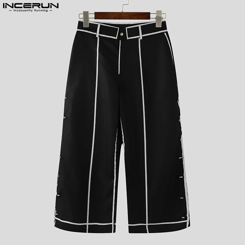 INCERUN الرجال بنطال ذو قصة أرجل واسعة زر ركض فضفاض عادية بنطلون طويل الرجال الشارع الشهير 2025 المرقعة موضة الذكور السراويل S-5XL