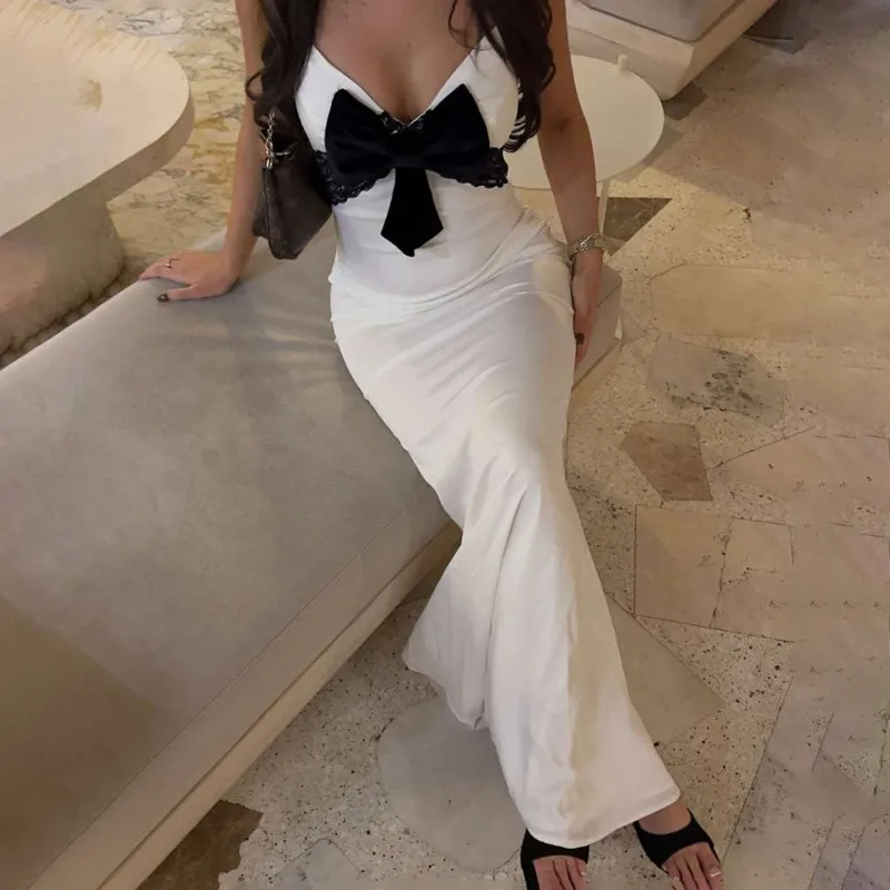 

Ticketsx Autumn Sexy V-Neck Lace Bow Sling Maxi Dress Women Contrast Patchwork Slim Dress Elegant Backless Party Evening Dress