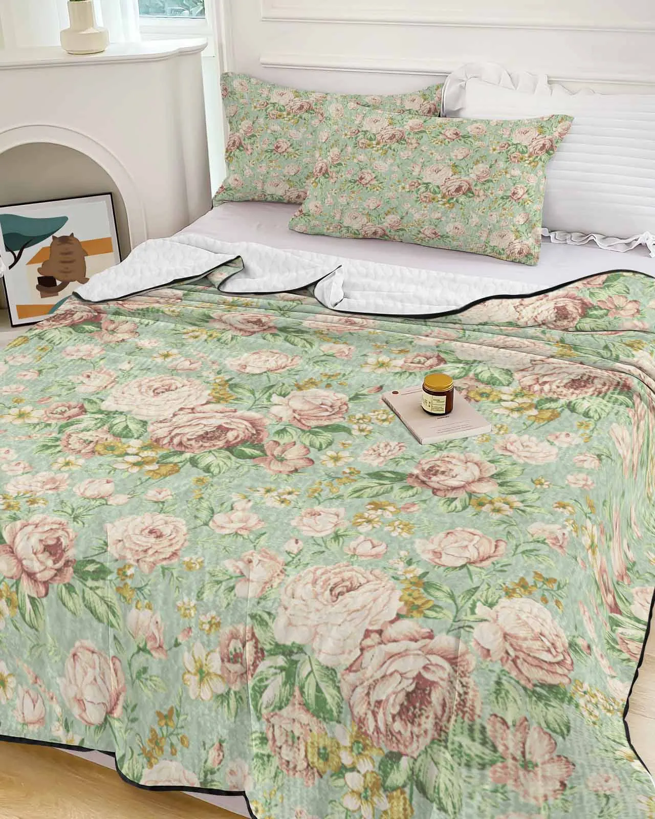 Flower Illustration Camellia Retro Cooling Blankets Air Condition Comforter Lightweight Summer Quilt for Bed Soft Thin Quilt