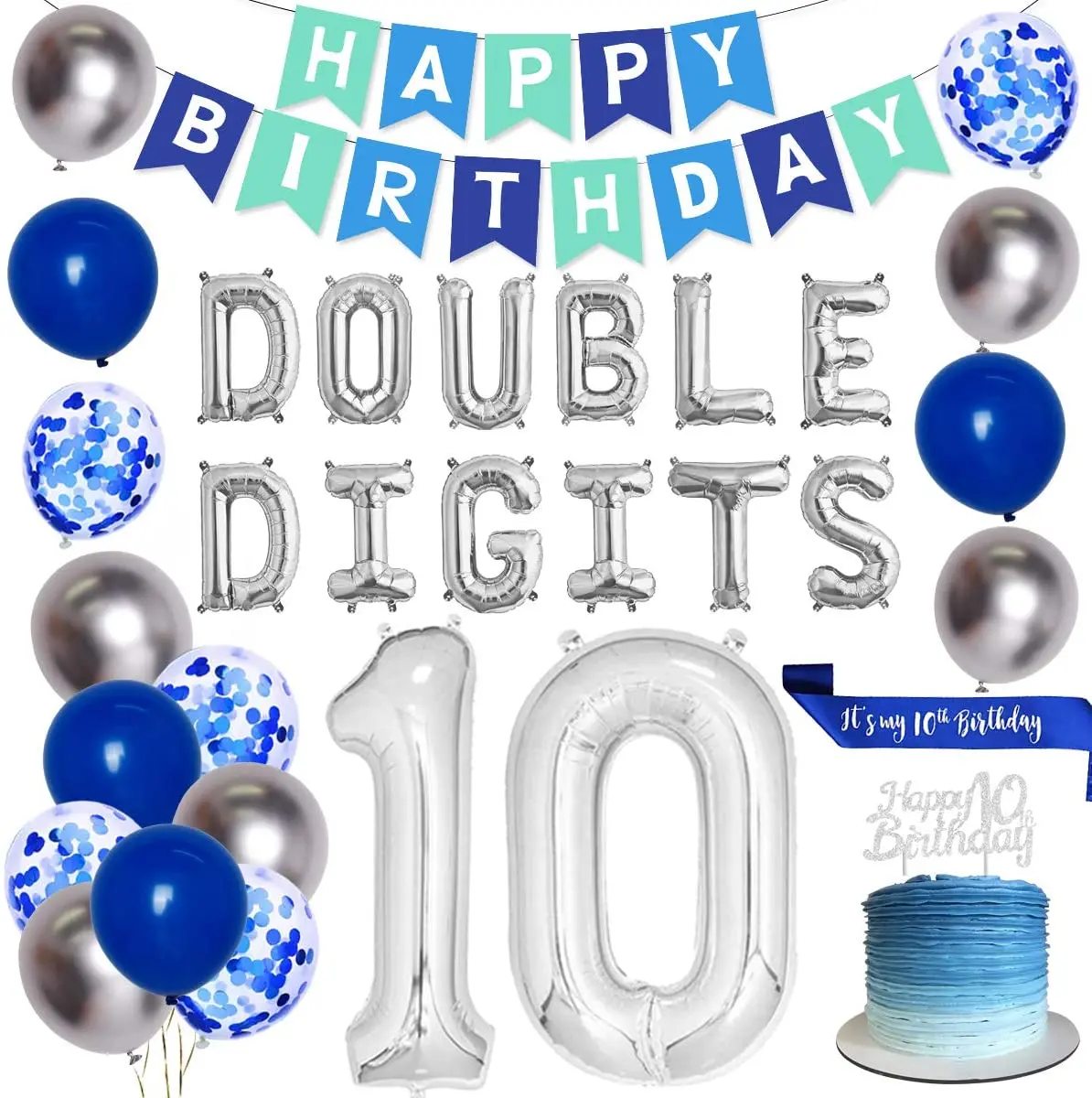 

10th Birthday Decorations Blue Balloons for Boys Girls Double Digits Birthday Party Supplies Happy 10th Birthday Banner Sash