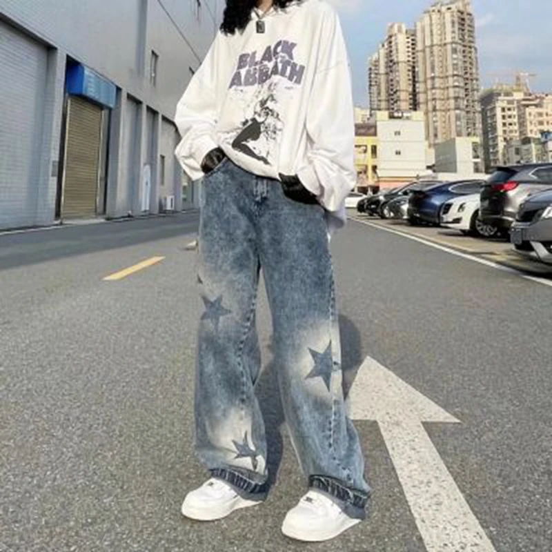 Washed Star Pattern baggy jeans High Street Loose Straight Women's pants Summer Casual Street Hip Hop Women Jeans 2023 y2k pants