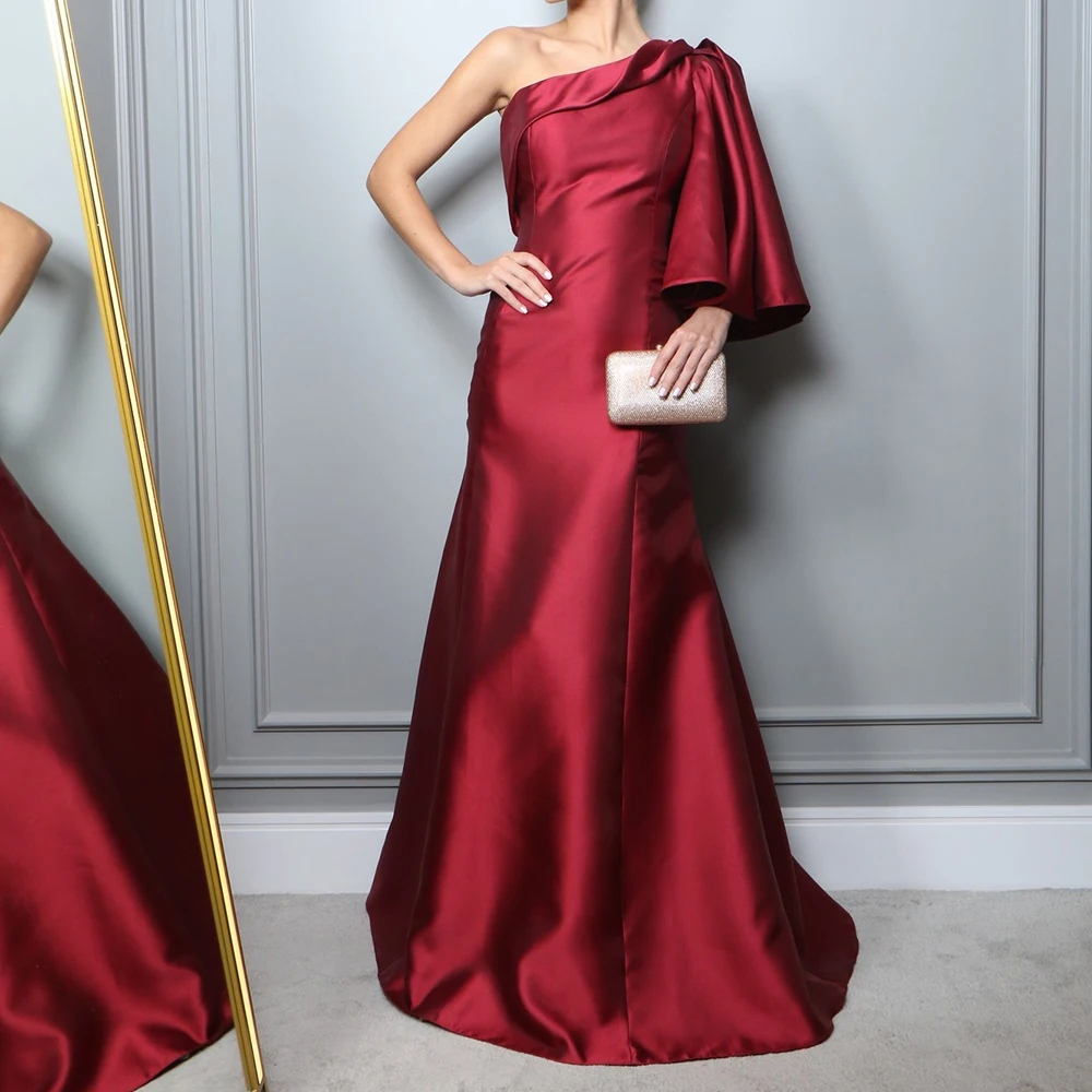 

Dubai Evening Caftan Elegant Party Dresses Woman 2024 One Shoulder Sweep Train Satin flare Sleeve Straight Backless Floor Length