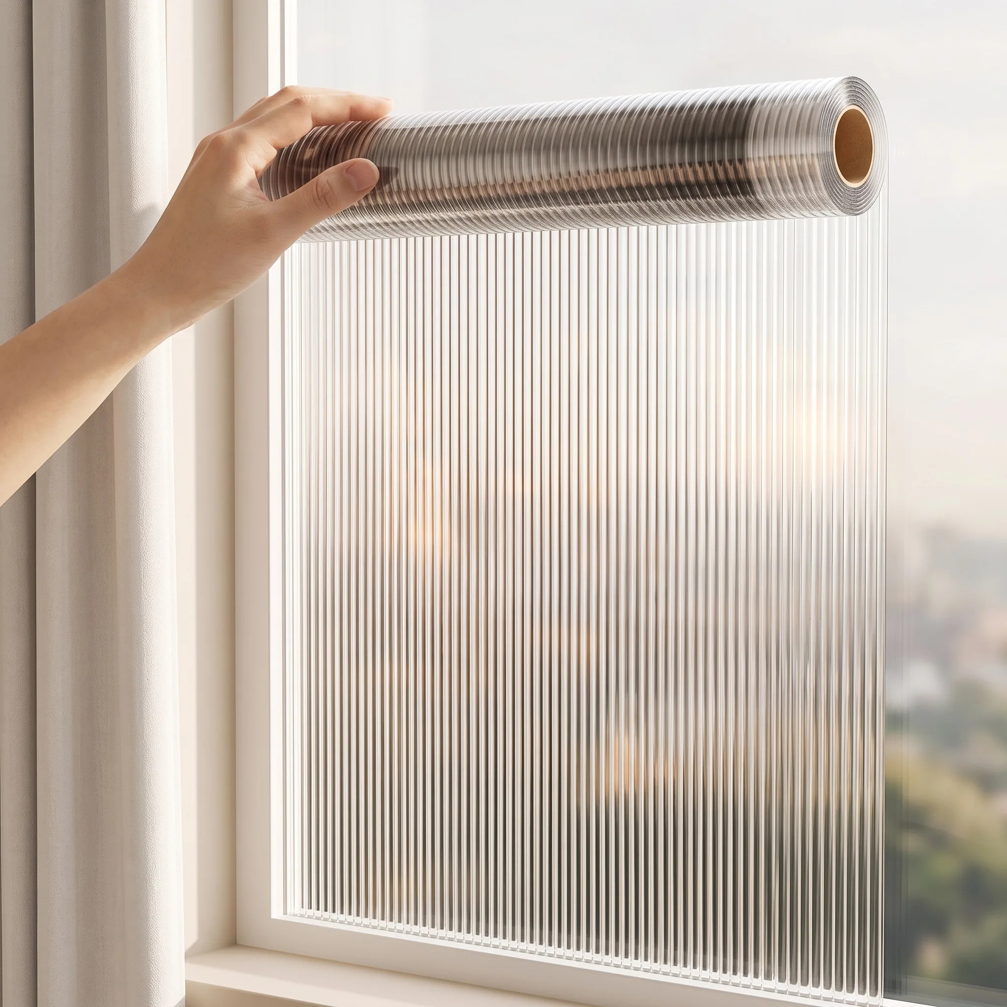 Reeded Glass Static Cling Window Film No Glue Vertical Stripe Frosted Privacy Film, Modern Decor for Bathroom Office Glass Parti