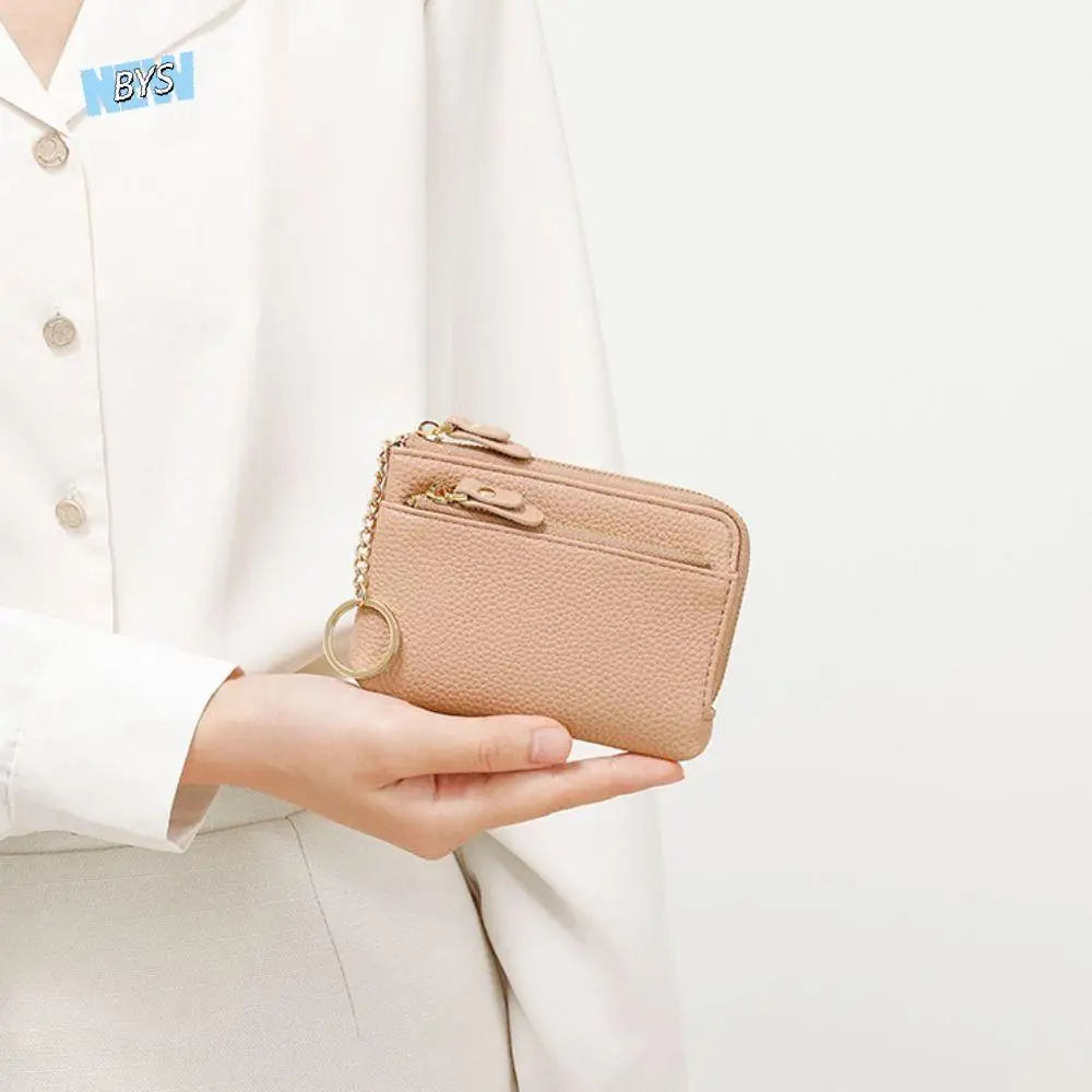 Portable Leather Coin Purse Zipper Closure Solid Color Keychain Wallet Multi Functional Multi Card Slots Storage Pouch Lipstick