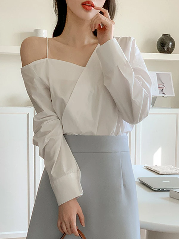 

Korean Sweet Romantic Asymmetric Strapl Long Sve Women's irt Early Autumn New Sle 2025 Subtle Tri Trendy Top
