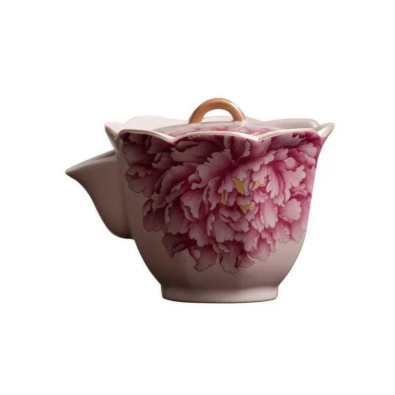 100ml Handmade Pink Ru Kiln Teapot Peony Flower Mouth Hand Grasp Pot Tea Maker Kettle Women's Teaset Accessories Decoration
