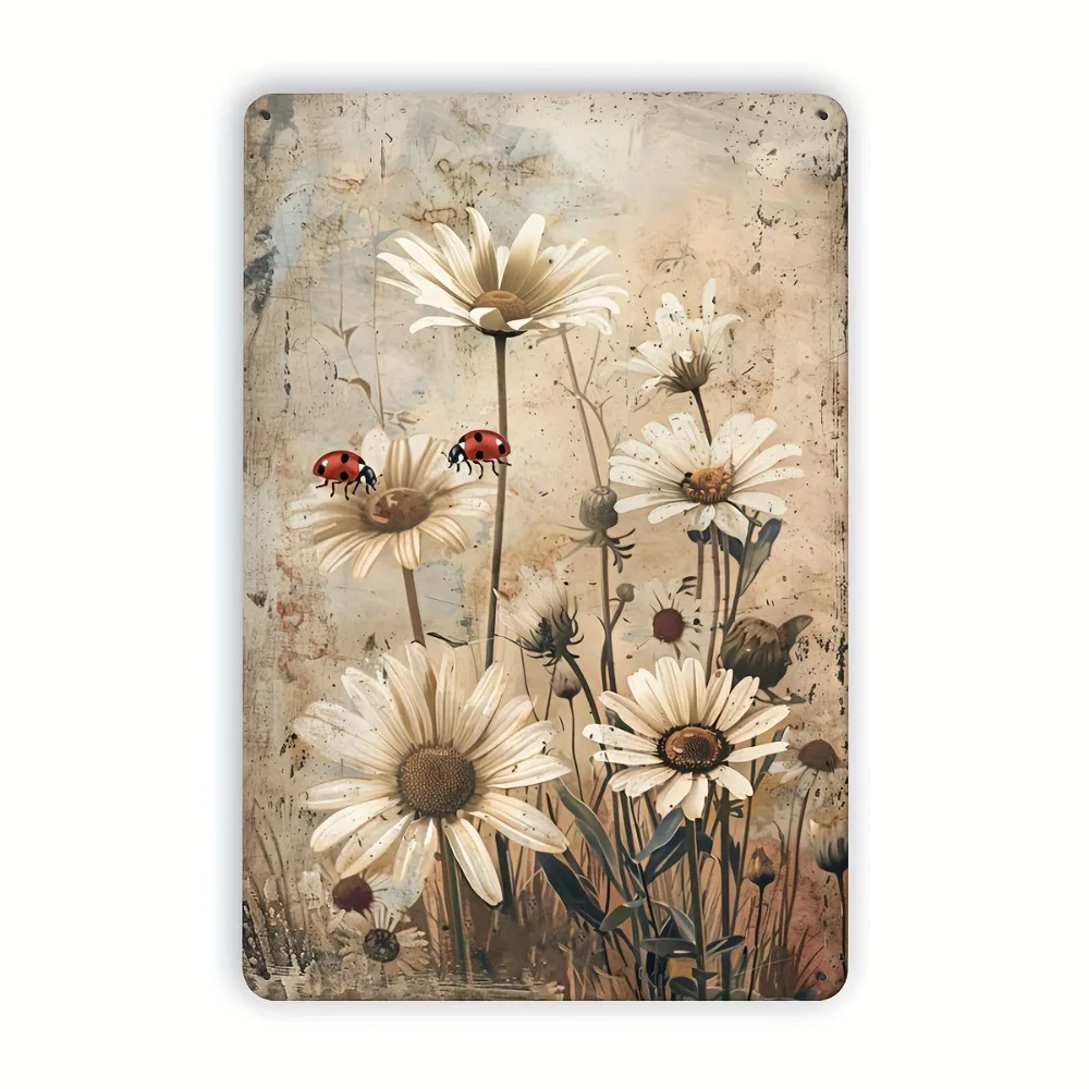 Vintage Daisy & Ladybug Metal Wall Sign 20x30cm – Rustic Floral Decor for Garden, Cafe, Garage or Farmhouse Indoor Outdoor