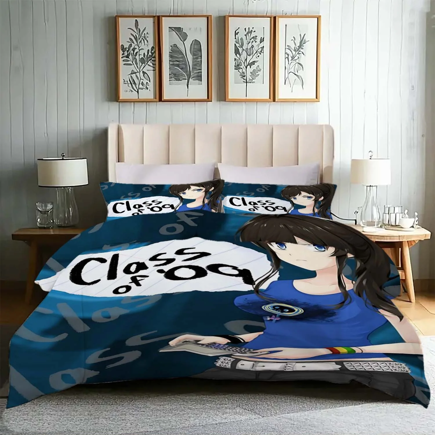3pcs Anime-Themed Blue Quilt Cover Set for Girls - 