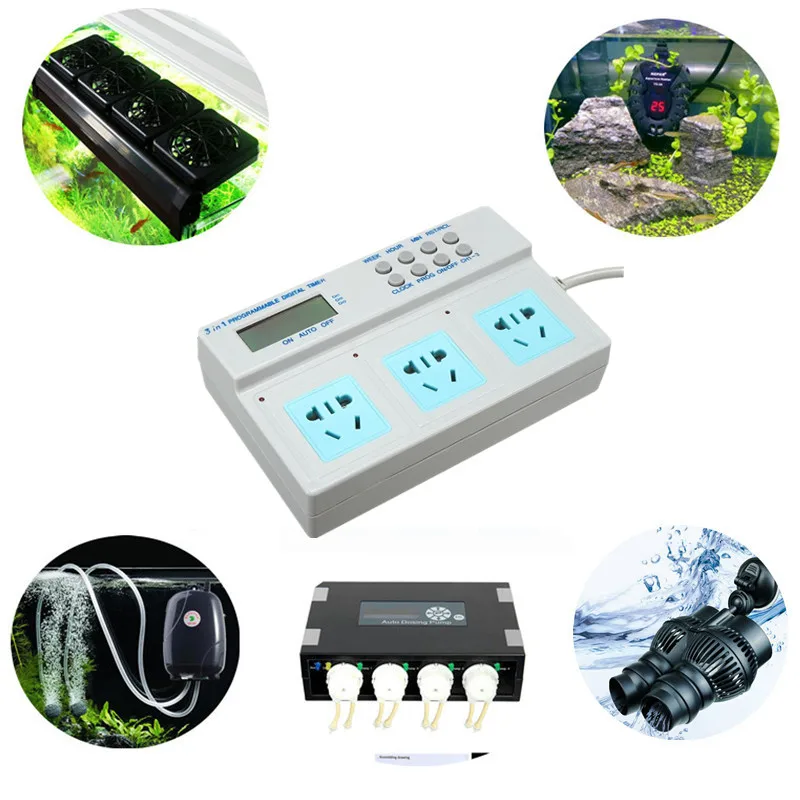 Professional 3 In 1 LCD Digital Socket Timer Fish Tank Device Automatic Time Control for Aquarium Light Heater Filter Water Pump