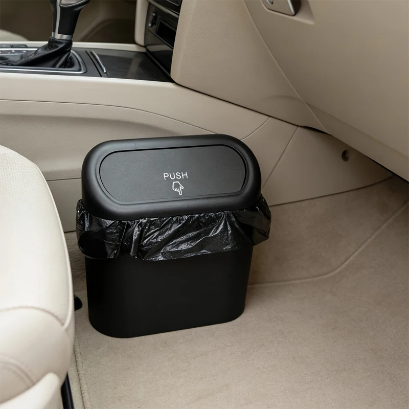 Push-Type Car Trash Bin, Leakproof Vehicle Waste Container with Lid, Universal Auto Garbage Holder