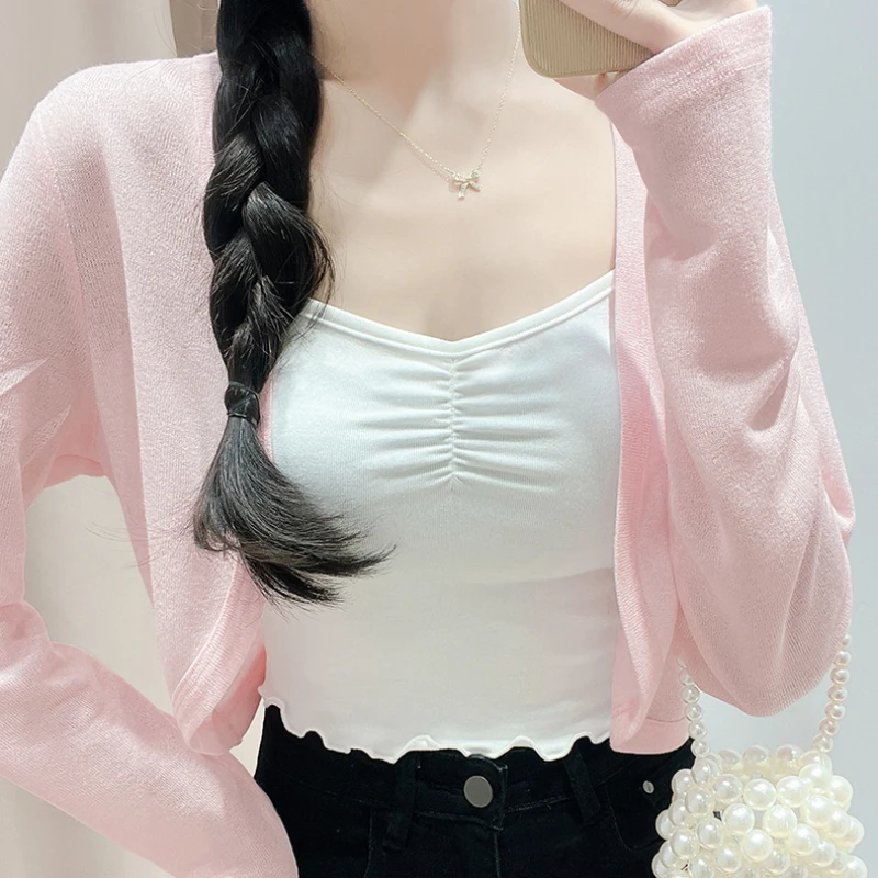 Women Cardigan Solid Colors Summer Shrugs Thin Stretchy Graceful Retro Slim Fairycore Commuting Young Korean Style Versatile Fit