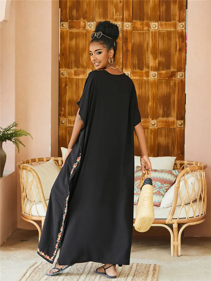 女性用ラージサイズのカフタンドレス,ラウンジウェア,ビーチウェア,刺embroideredカフタンマキシドレス,花柄水着カバーアップ