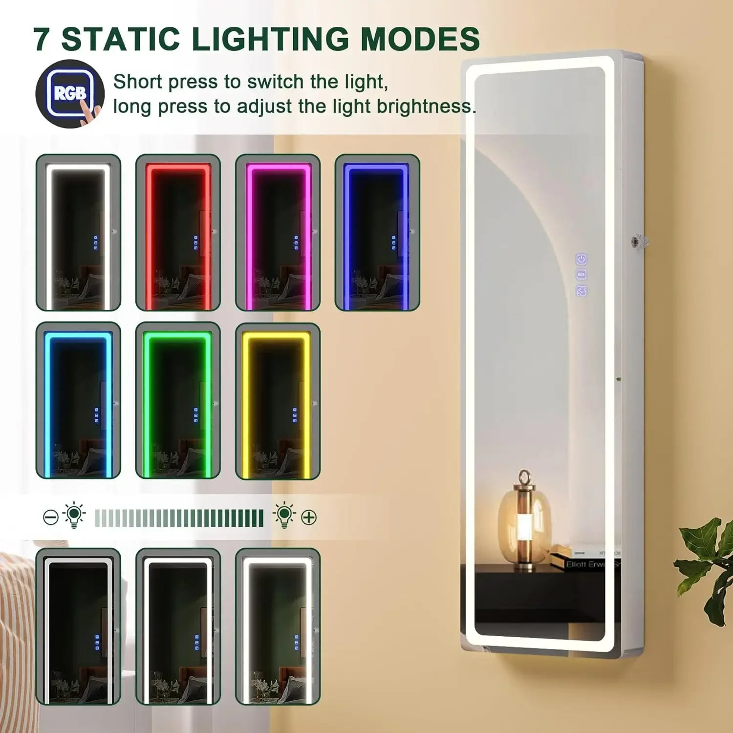 LED-Spiegel Schmucks chrank mit RGB-Lichtern, 47.2 "Wand schmuck Organizer mit Ganzkörper spiegel, 2 Schubladen, abschließbar