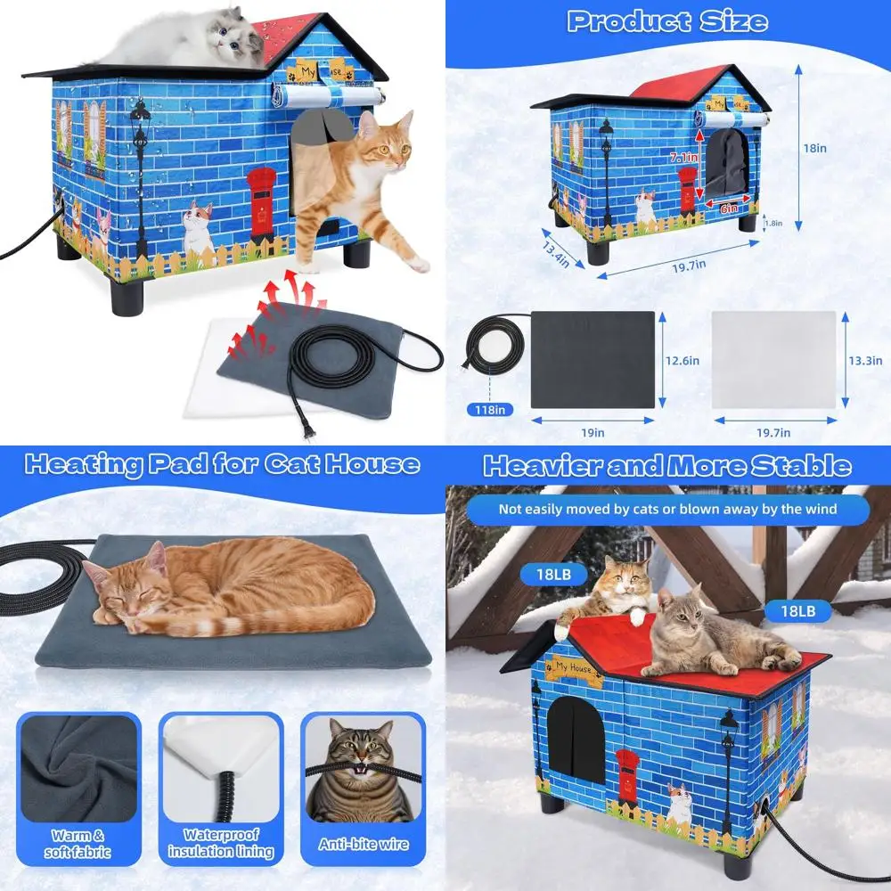 

Приподнятое укрытие для кошек на открытом воздухе с грелкой, устойчивое к атмосферным воздействиям для нескольких кошек, 19,7x13,4x18,1