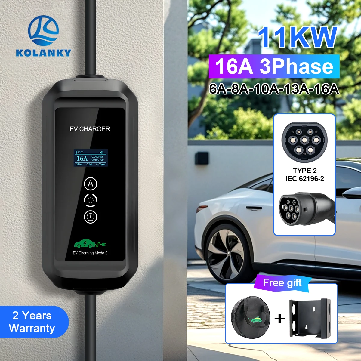 Kolanky Mobile 16A 11KW EV Charger Type 2 EU IEC-62169 Plug Timer AC Home Charging Electric Vehicle Tesla Cars Cable 5M