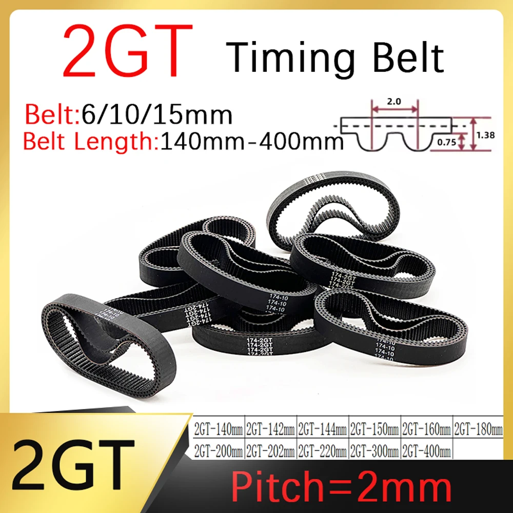 2MGT 2GT Belt Width 6/10/15mm Rubber Closed Loop Perimeter 140 142 144 150 160 180 200 202 220 300 400mm GT2 Timing Synchronous