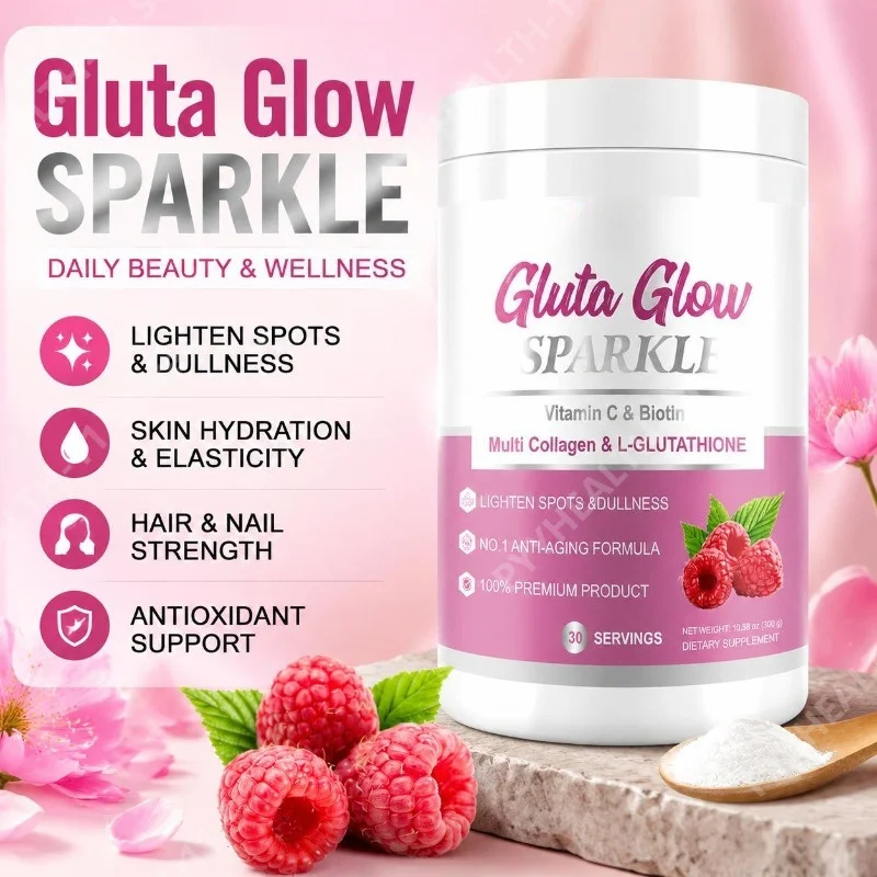 Gluta Glow Sparkle Powder for Skin Hydration with Hydrolyzed Collagen Hyaluronic Acid, Vitamin C & Biotin 30 Servings