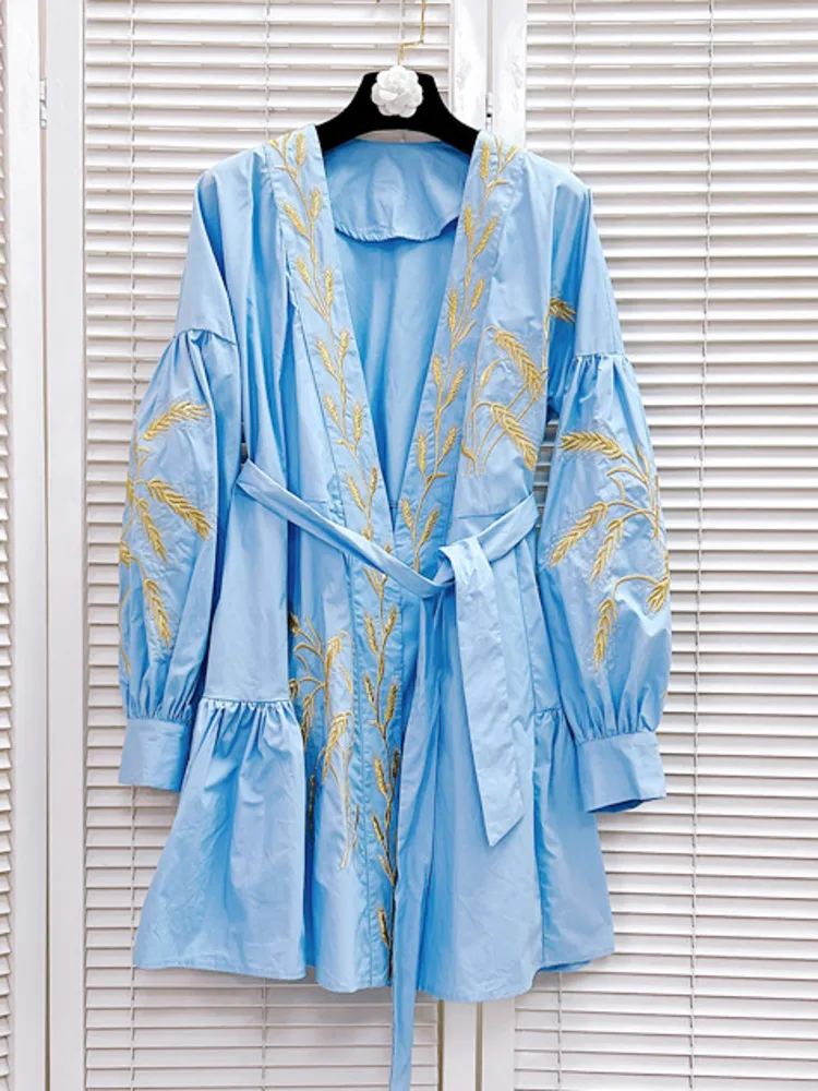 LGRQ abito stringato da donna Fashion ricama Design manica lunga con scollo a v abiti di media lunghezza femminile 2024 estate nuovi vestiti 19 zz93