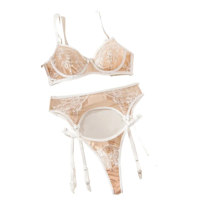 Sexy Lingerie Sets 4 PCS Embroidery Flowers Lace Mesh Underwear Bra Brief Set Legbands Patckwork New See Through Exotic Sets