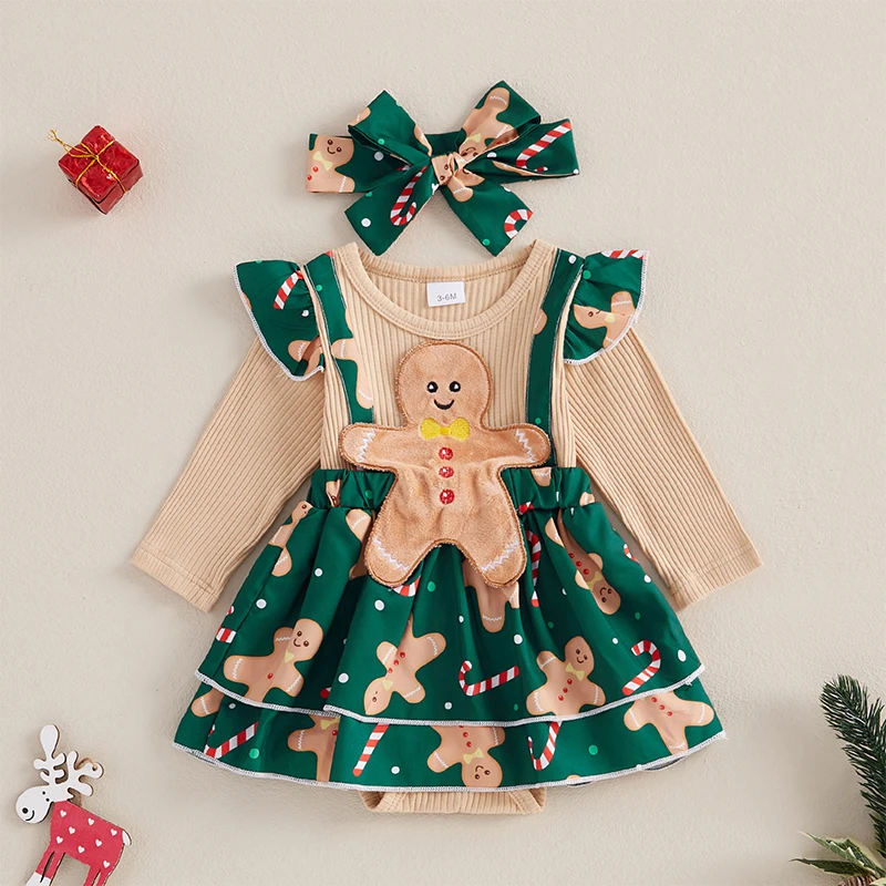 My First Christmas Baby Girl Outfit Newborn Gingerbread Patchwork Ruffle Romper Dress Infant Bodysuit Cute Fall Winter Clothes