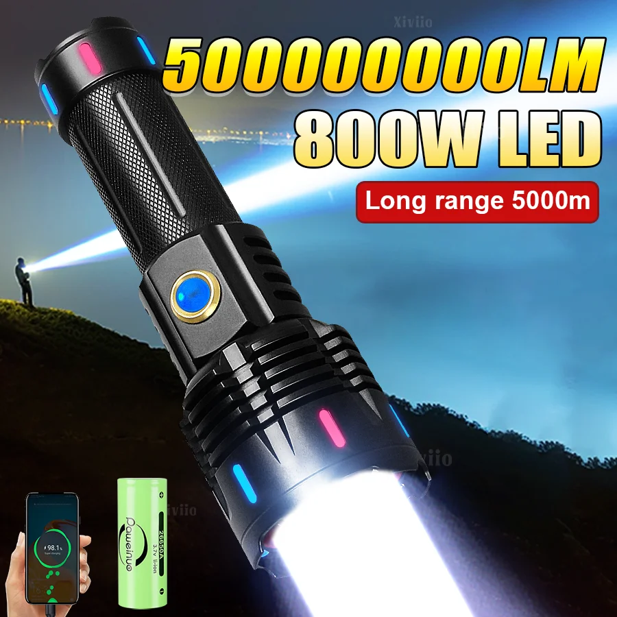 

Super Powerful Flashlight Rechargeable LED Torch 800W Strong Light Flashlights Long Shot 5000m Lantren Camping Fluorescent Torch