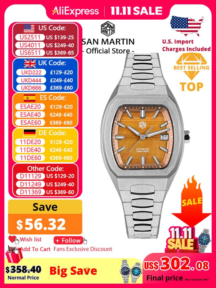 

San Martin 39.5mm Tonneau Luxury Men Watch Mineral Dial Casual Sports PT5000 SW200 Automatic Mechanical Sapphire Luminous SN0145