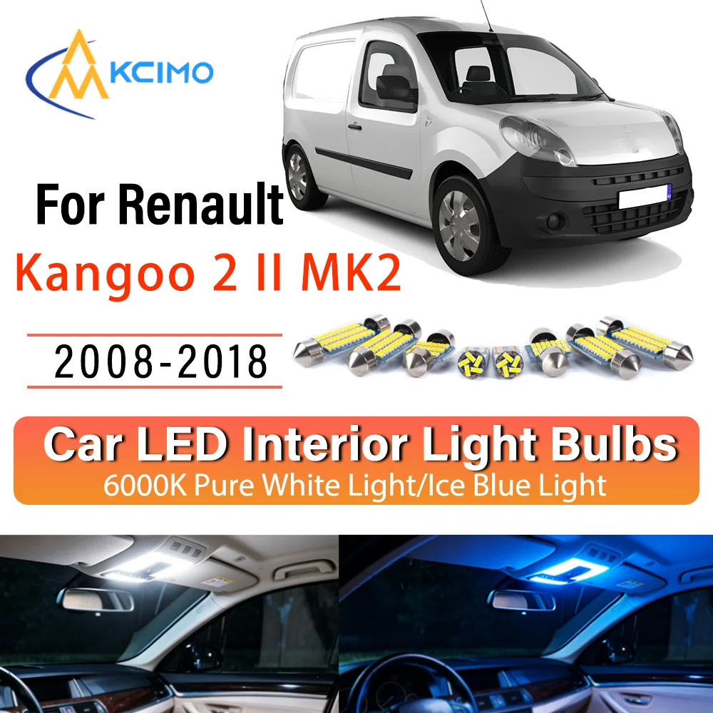 

LED Interior Light Bulb Set For Renault Kangoo 2 II MK2 2008- 2018 Easy Install Bright White/Blue Dome Map Door Courtesy Brights