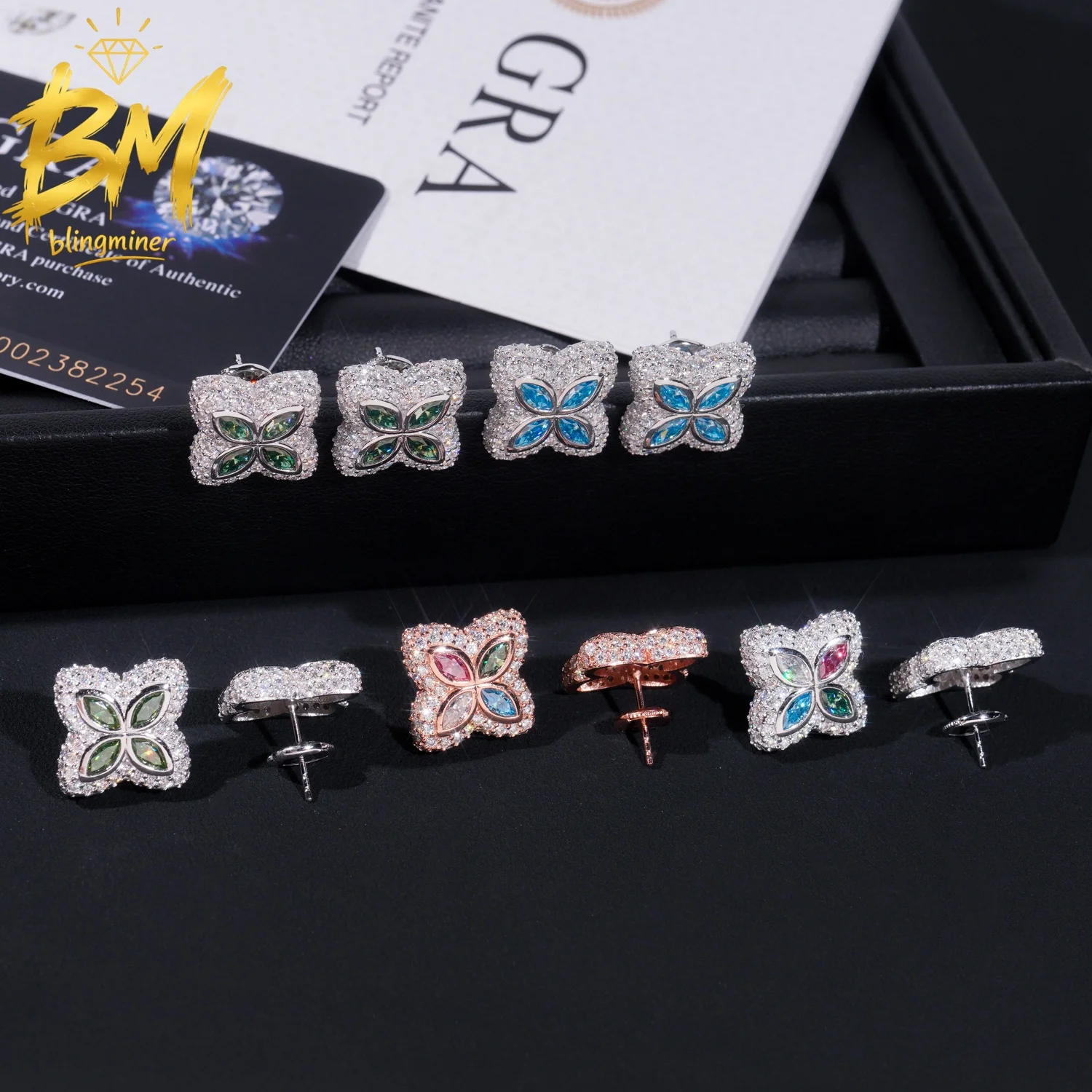 Blingminer 19mm Flower VVS Moissanite Earrings For Men Women S925 Silver Ear Studs Jewelry Pass Diamonds Tester GRA Free Shippin