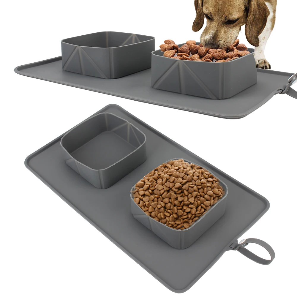 With Flannel Bag Portable Pet Bowl Silicone Folding Double Bowls For Dogs Cats Water Feeder Food Container Pet Supplies