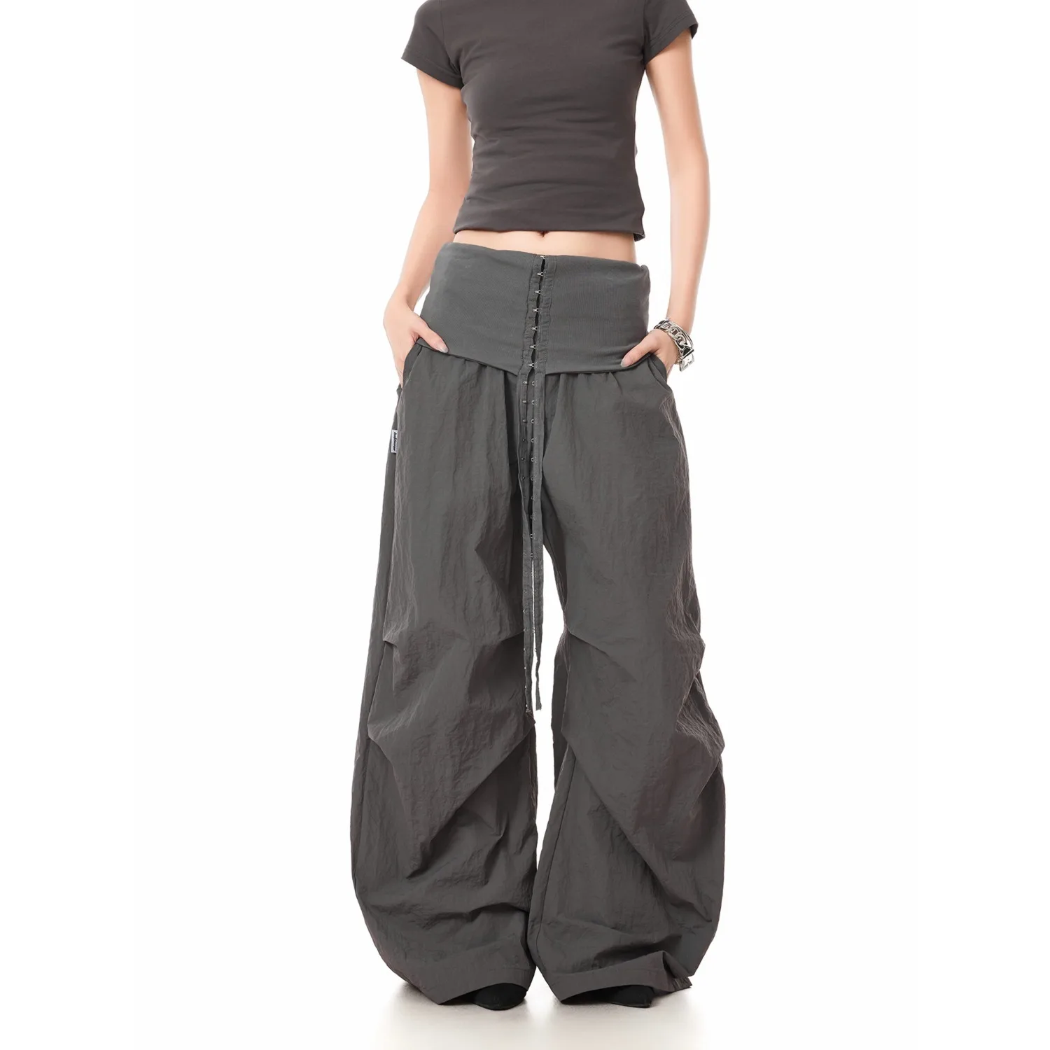 Women Wide Leg Pants 2025 Autumn New Retro High Waist Pants Embellished Foldover Low Rise Wide Leg Jazz Dance Casual Trousers