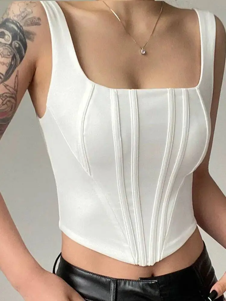 Verão colheita sexy pescoço quadrado apertado sem costas curto topo sem mangas regatas feminino casual cor sólida camisola básica