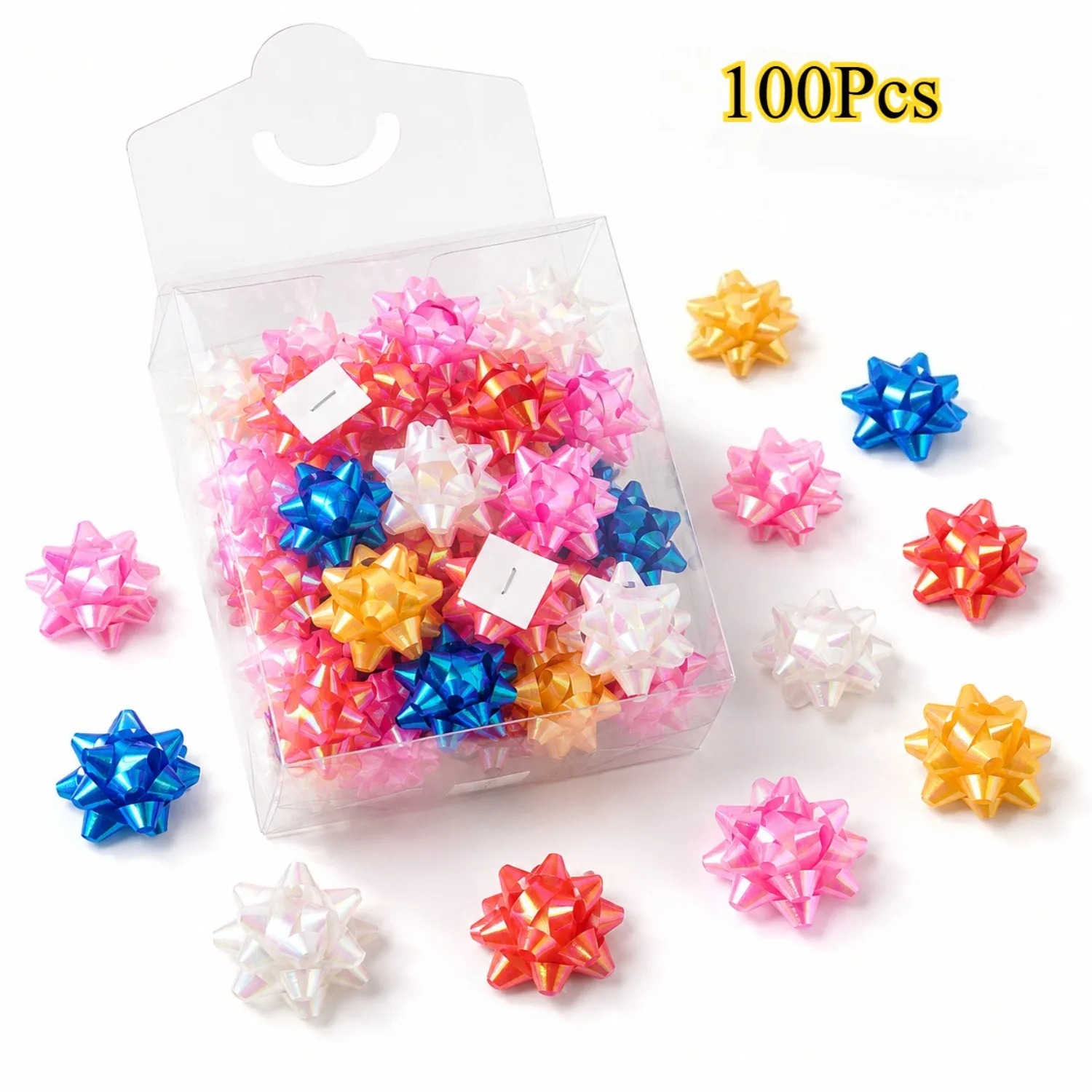 100/200 pièces de mini nœuds cadeaux autocollants de 1 pouce, nœuds étoiles irisés de couleurs assorties pour l'emballage de cadeaux de Noël, d'anniversaire et de mariage