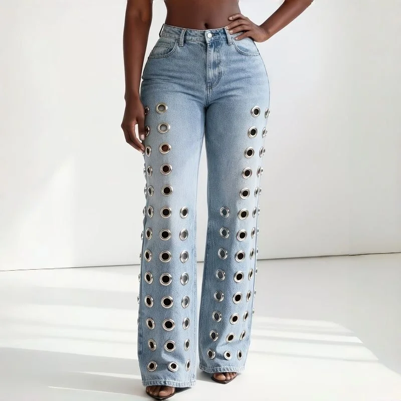 Girls Fashion Metal Ring Cutout Hollow Out Straight Leg Jeans Female Mid-rise Slim Fit Denim Pants Women Retro Designer Trousers
