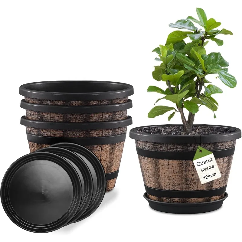 Plant Pots Set of 4 Pack 12 inch,Large Whiskey Barrel Planters with Drainage Holes & Saucer.Plastic Flower Pots Imitation