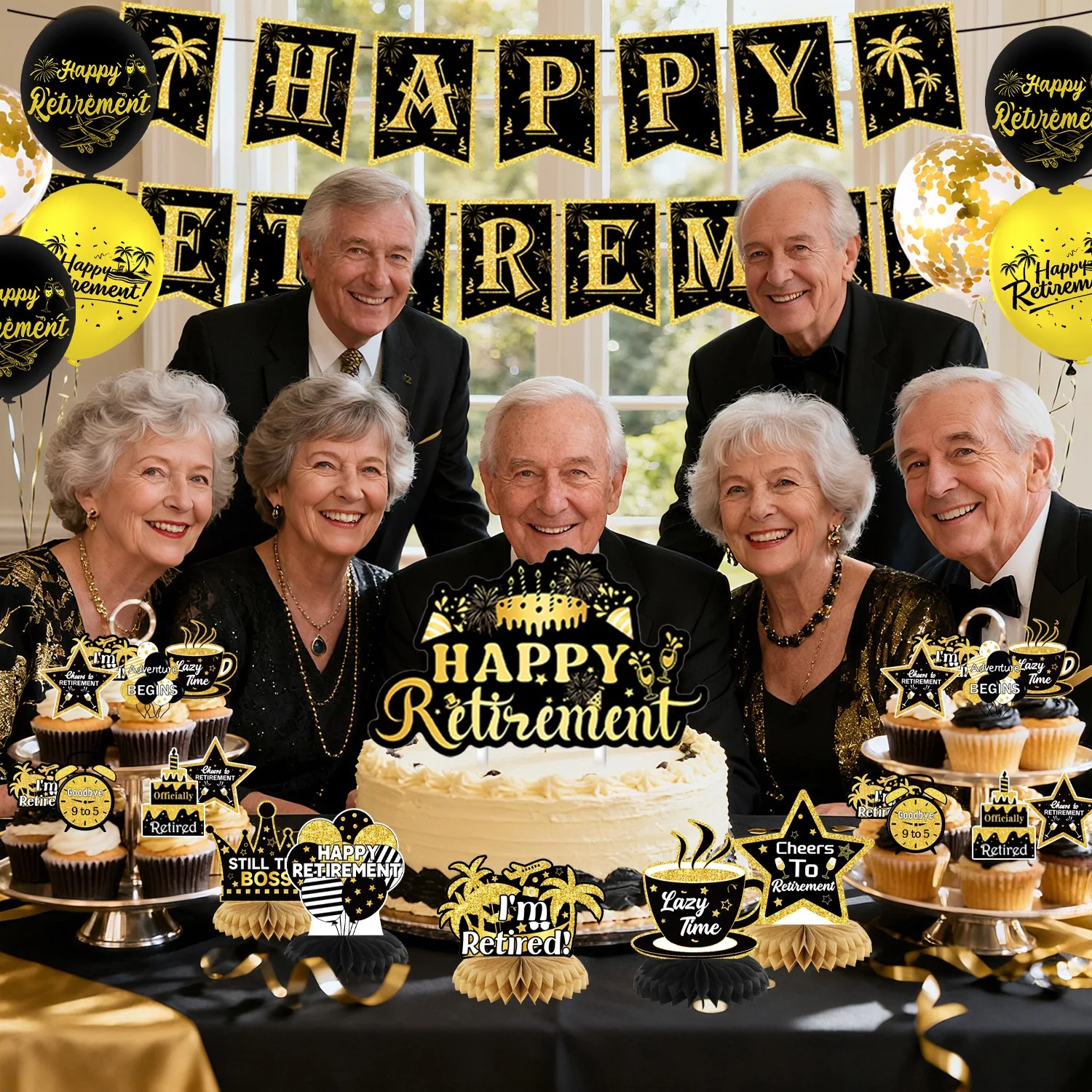Retirement Decorations for Men and Women Retirement Party,Black Gold 'Happy Retirement' Decorations Set